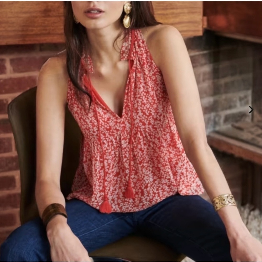 Sézane Red Floral Boho Tassel Tie Sleeveless Blouse Parisian Chic Sz 34